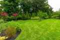 A vibrant, well-maintained garden in Delaware County, PA, features lush green grass, pink flowering trees, and a variety of shrubs. Complemented by expert landscaping services, the garden is bordered by a black fence and surrounded by dense trees under a cloudy sky.