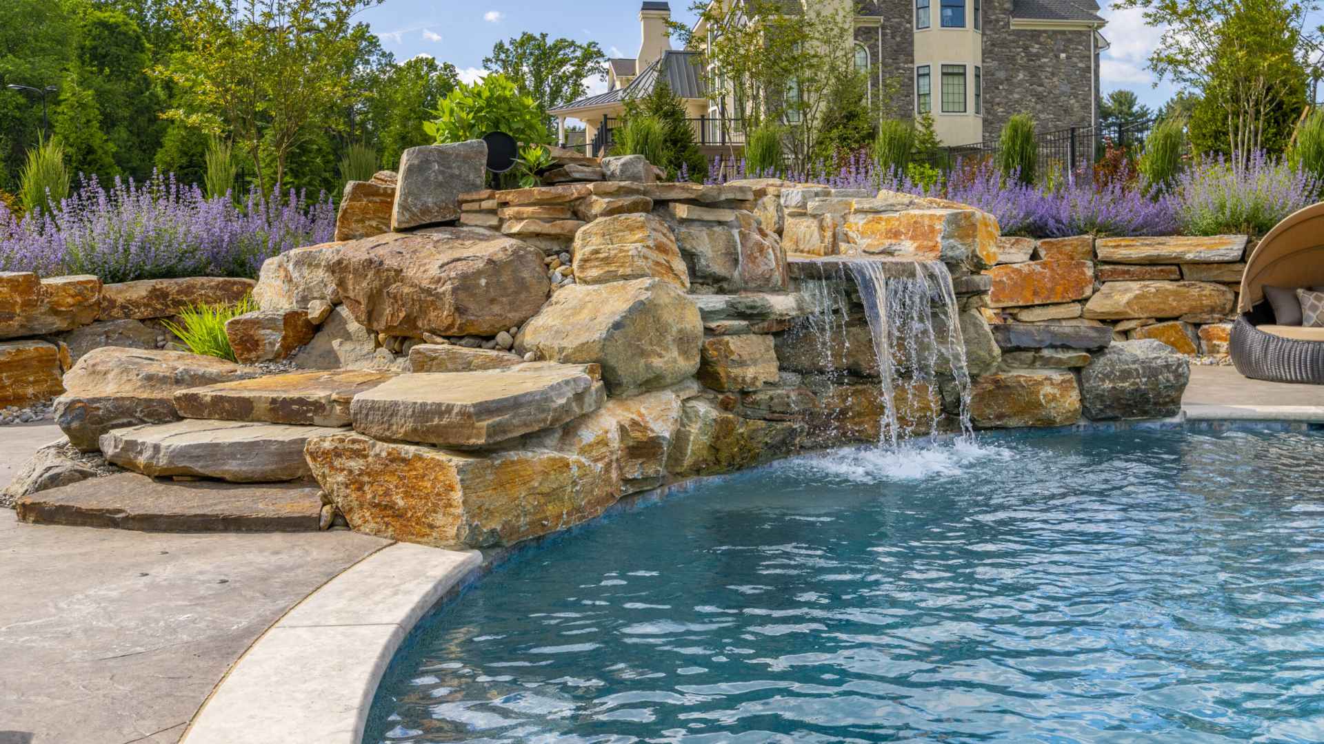 Outdoor pool with water features