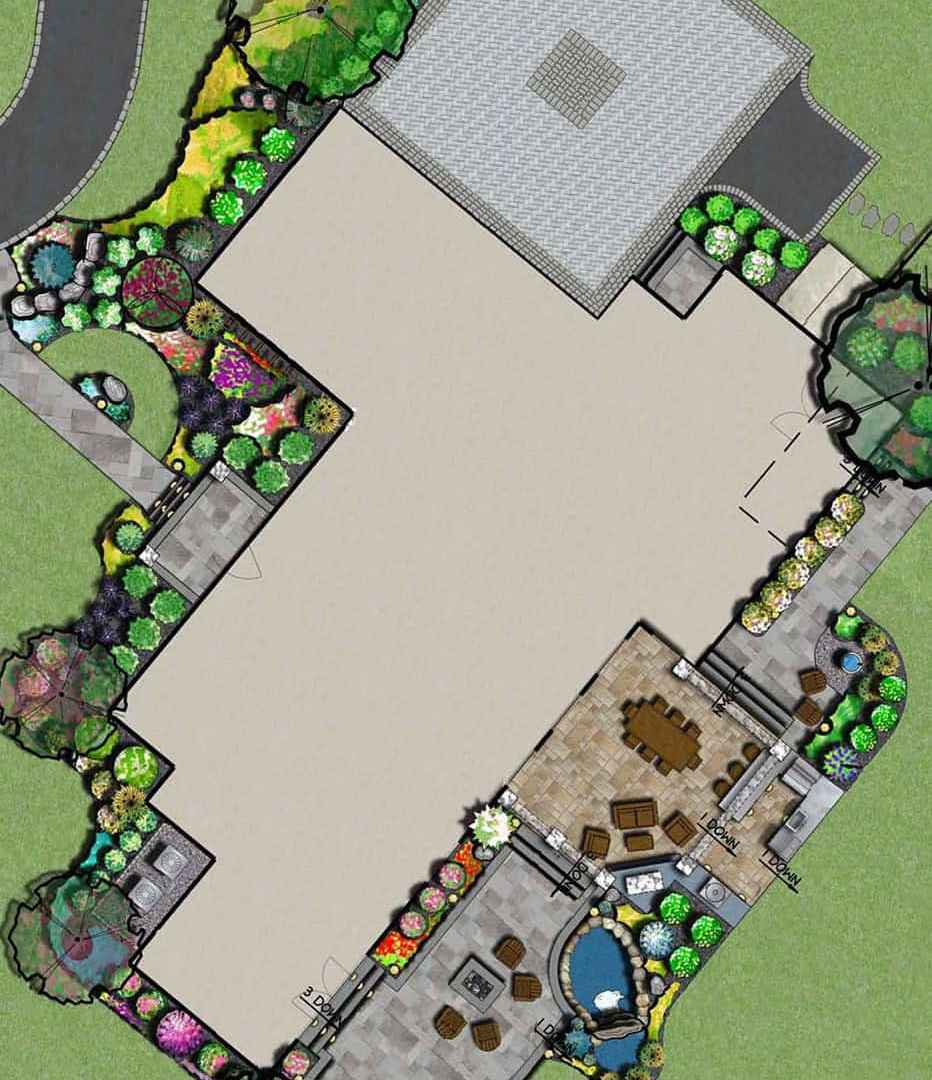 A detailed landscape design plan showcases a house with surrounding garden areas in Delaware County, PA. The garden features colorful flowers, shrubs, and trees. A patio with seating, a pool, paved paths, and hardscaping services are visible. The background includes a grassy area with a curving driveway.