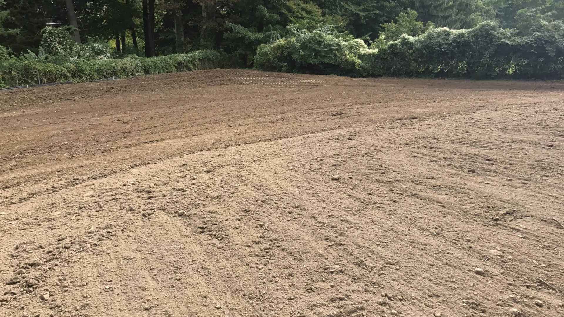 An empty, tilled field with smooth soil is surrounded by dense green trees and bushes under a clear sky. The foreground displays neat rows and texture from recent plowing, an ideal canvas for outdoor living in Delaware County, PA.