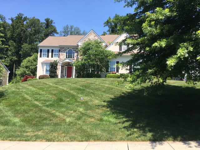 A large, two-story house with a tan exterior, white trim, and a red front door is nestled within Delaware County, PA. Surrounded by a well-maintained lawn and trees on this sunny day, the property showcases exquisite outdoor living enhanced by professional landscaping services.