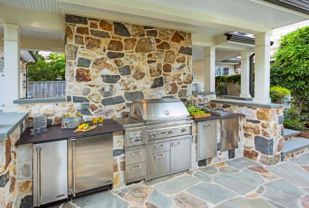 Full Outdoor Kitche with Stone wall and Slate Patio - Elkins