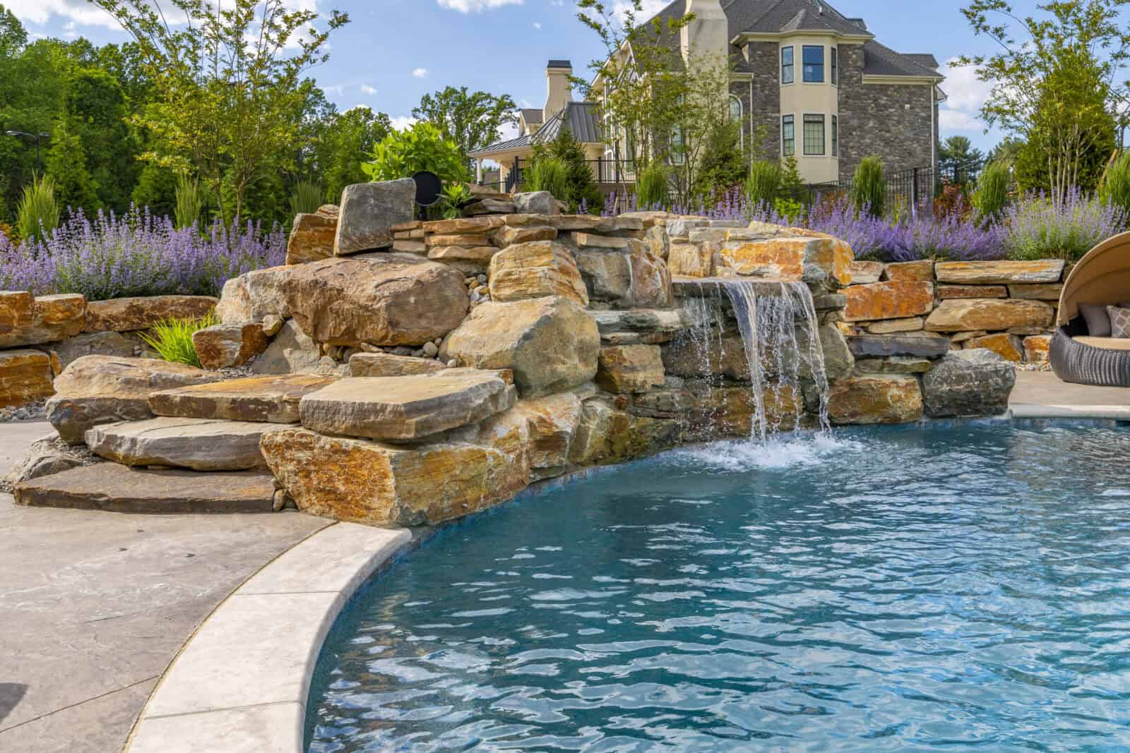 Outdoor pool with water features