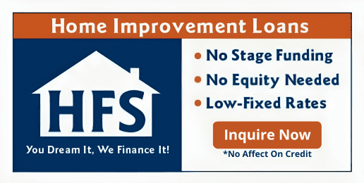 A flyer for HFS Home Improvement Loans. Text reads: "No Stage Funding, No Equity Needed, Low-Fixed Rates." A button labeled "Inquire Now" and a note stating "*No Affect On Credit" are also included. Logo features a house icon.