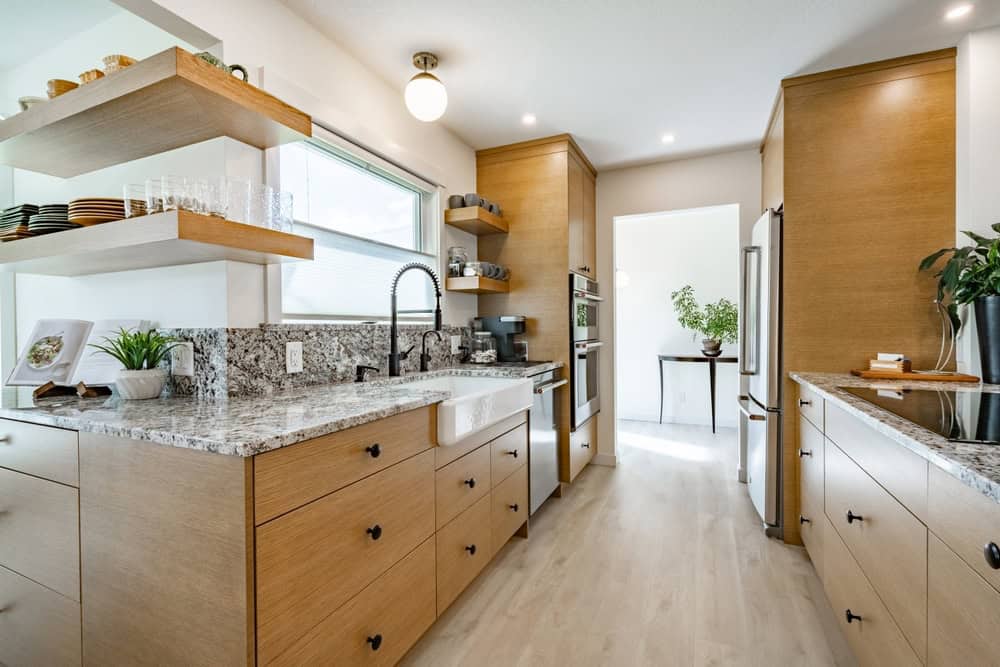 Modern kitchen with light wood cabinets, granite countertops, a farmhouse sink, open shelves with dishes and glasses, built-in appliances, and a bright, airy atmosphere. A potted plant is visible in the adjoining room.